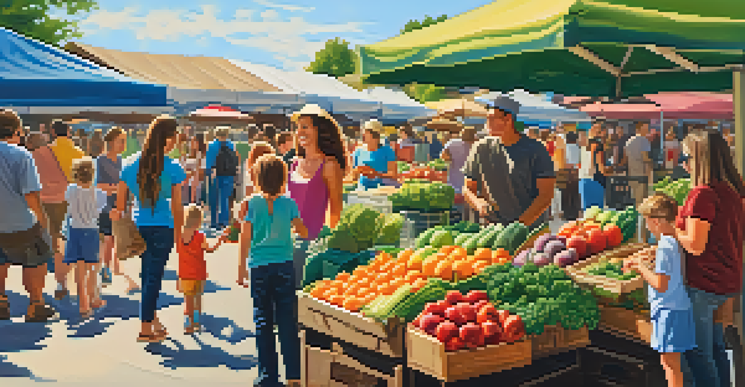 A family at a farmers' market choosing fresh fruits and vegetables together, surrounded by a colorful array of produce.