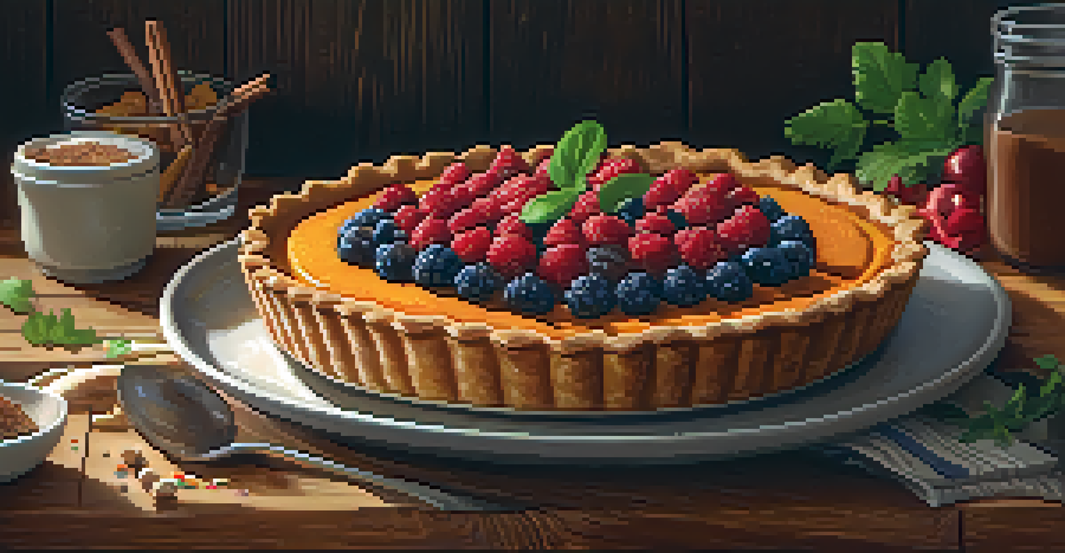 An image of a raw pumpkin pie topped with spices and garnished with fresh herbs on a wooden table.