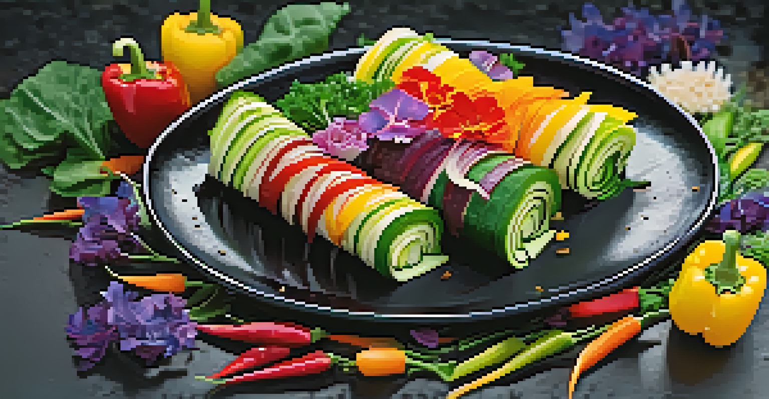 An elegant gourmet raw food dish with layered vegetable wraps, garnished with edible flowers, presented on a dark ceramic plate.