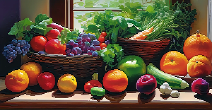 A colorful assortment of raw fruits and vegetables arranged on a wooden table, showcasing a variety of textures and colors under soft natural light.