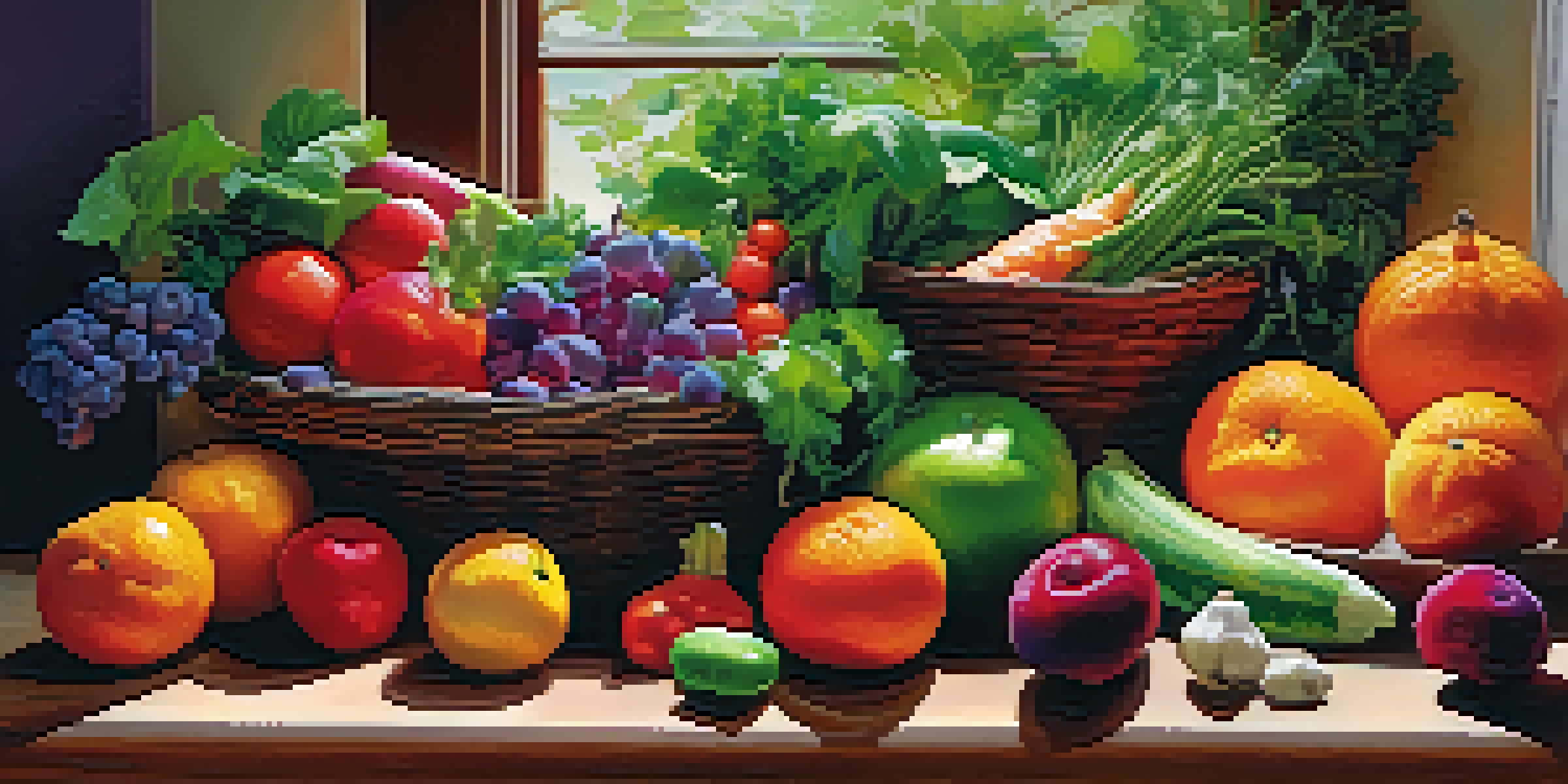 A colorful assortment of raw fruits and vegetables arranged on a wooden table, showcasing a variety of textures and colors under soft natural light.
