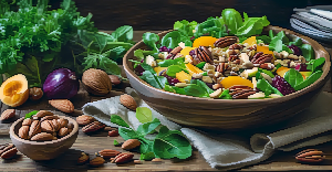 A colorful raw salad topped with various nuts on a rustic wooden table, with bright natural light enhancing the textures and colors.