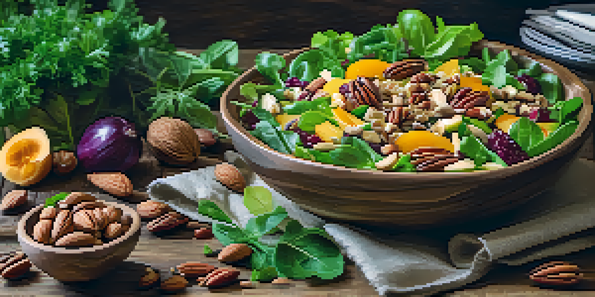 A colorful raw salad topped with various nuts on a rustic wooden table, with bright natural light enhancing the textures and colors.
