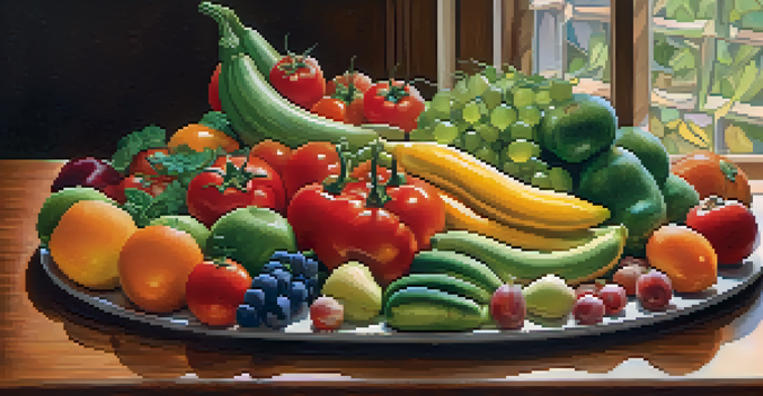 A colorful raw food platter with assorted fruits and vegetables arranged on a wooden table, illuminated by soft natural light.