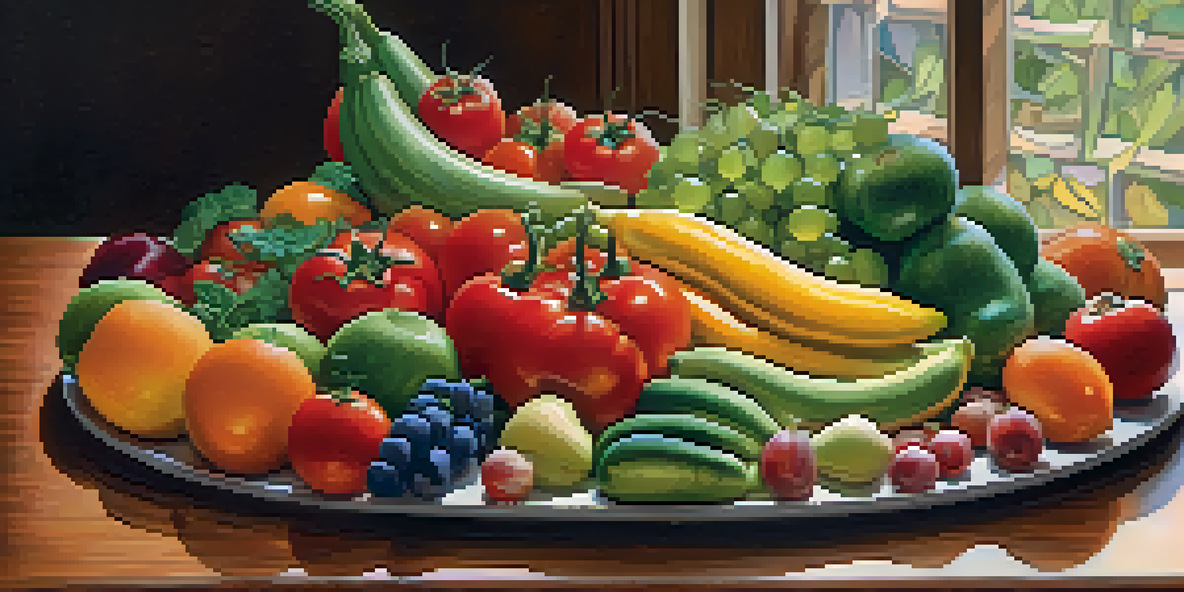 A colorful raw food platter with assorted fruits and vegetables arranged on a wooden table, illuminated by soft natural light.