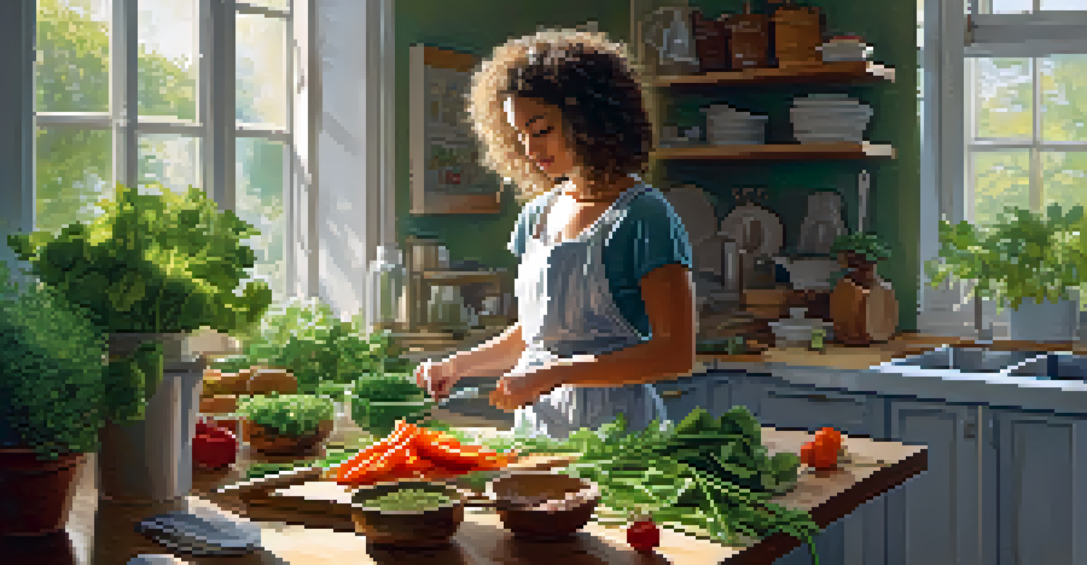 A woman preparing a raw food meal in a sunlit kitchen filled with fresh vegetables and potted herbs.