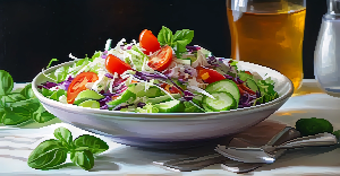 A colorful raw salad topped with sauerkraut, featuring fresh greens, cherry tomatoes, and cucumber slices, illuminated by soft natural lighting.