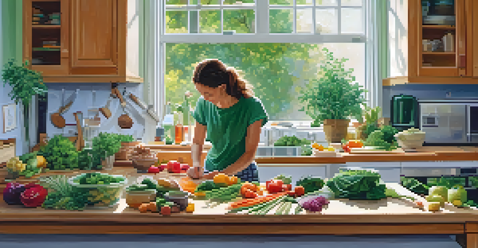 A person preparing a raw food meal in a bright kitchen, surrounded by colorful fruits and vegetables.