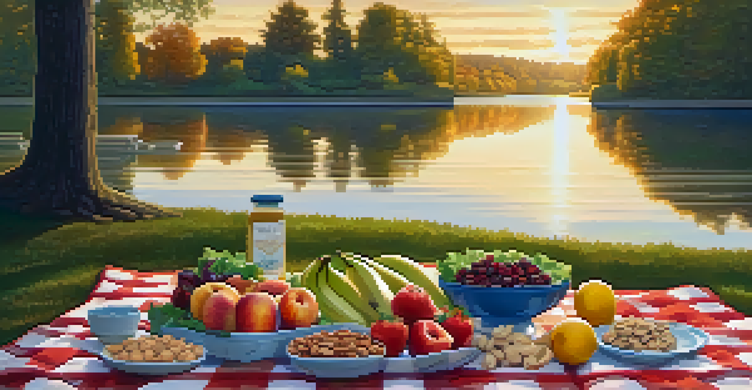 An outdoor picnic with a spread of raw foods on a checkered blanket, surrounded by nature during golden hour.