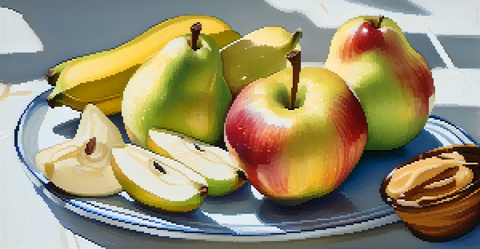 A close-up of a fresh fruit platter with sliced apples, bananas, and pears, accompanied by a jar of almond butter and honey, beautifully arranged on a plate.