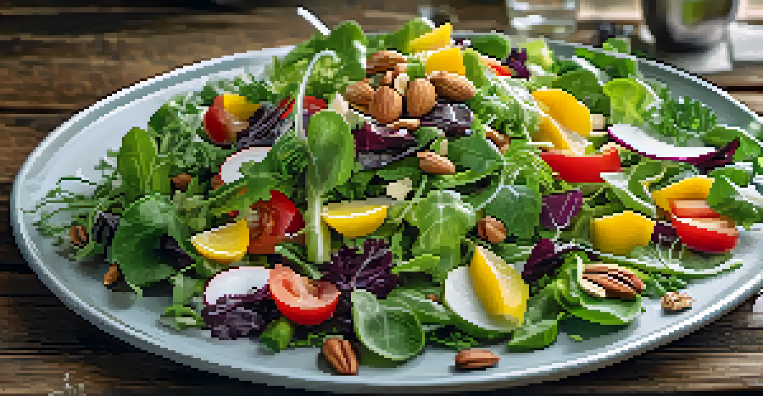 A close-up of a vibrant raw food salad with colorful vegetables and nuts, set on a wooden table with infused water.