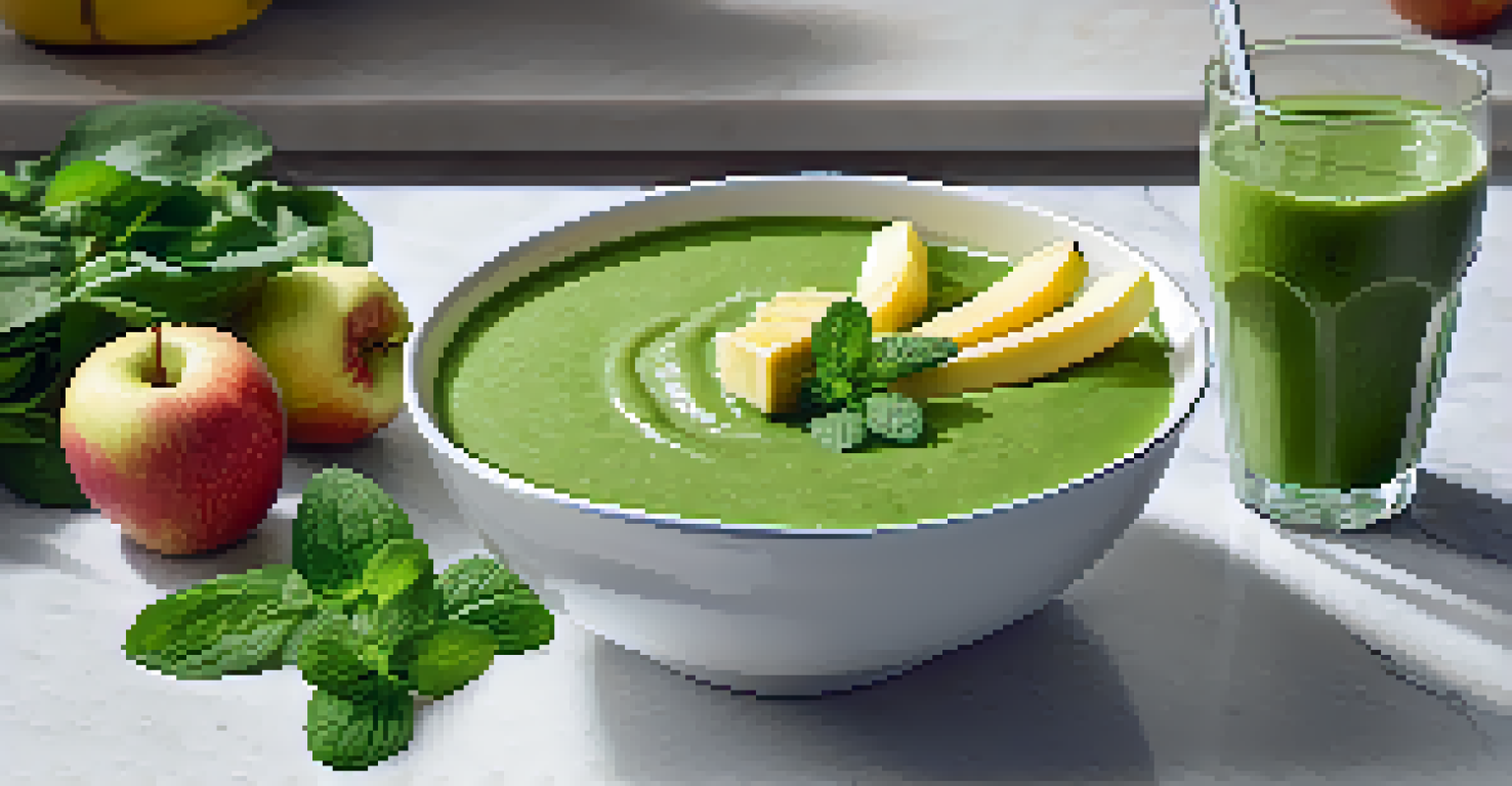 A green smoothie in a bowl, decorated with mint leaves, surrounded by fresh fruits and vegetables.