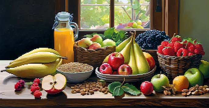 A beautifully arranged spread of colorful raw fruits and vegetables on a wooden table, with sunlight highlighting the textures.