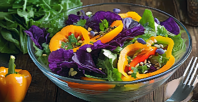 A colorful raw food salad with orange bell peppers, purple cabbage, and leafy greens, garnished with edible flowers.
