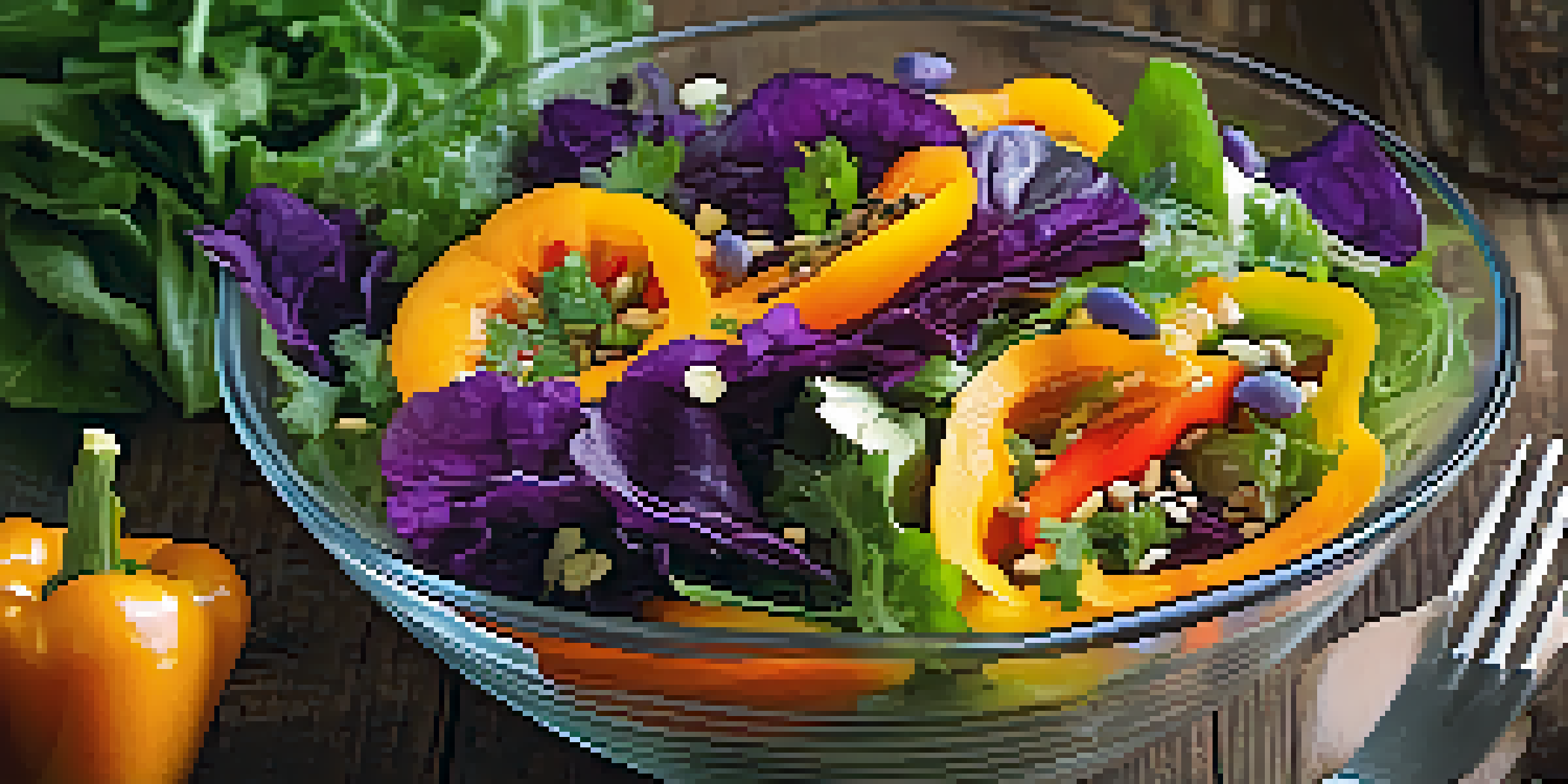 A colorful raw food salad with orange bell peppers, purple cabbage, and leafy greens, garnished with edible flowers.