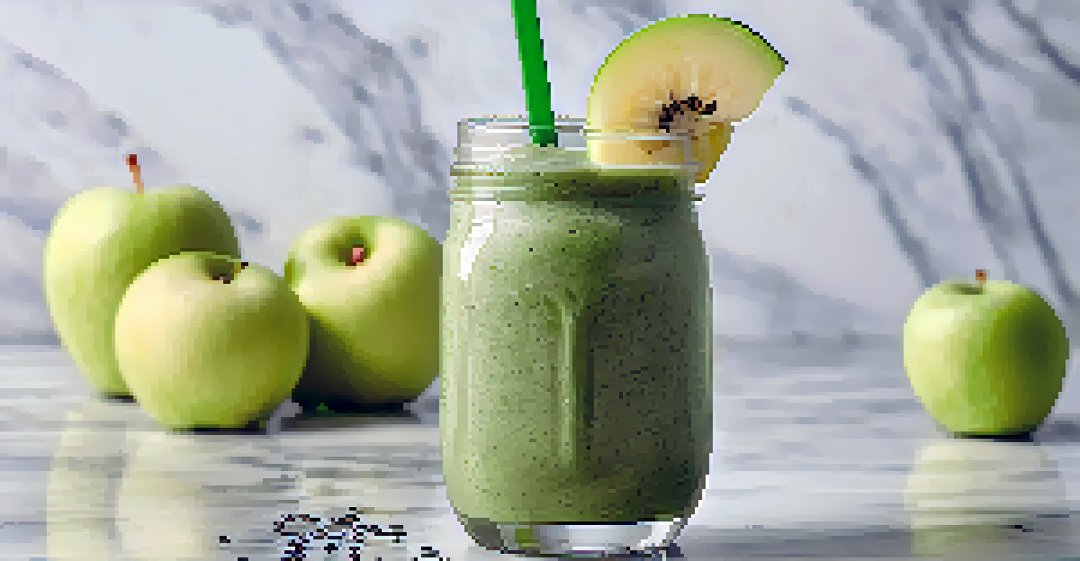 A green smoothie in a clear glass garnished with apple slice and chia seeds on a marble countertop, surrounded by whole fruits.
