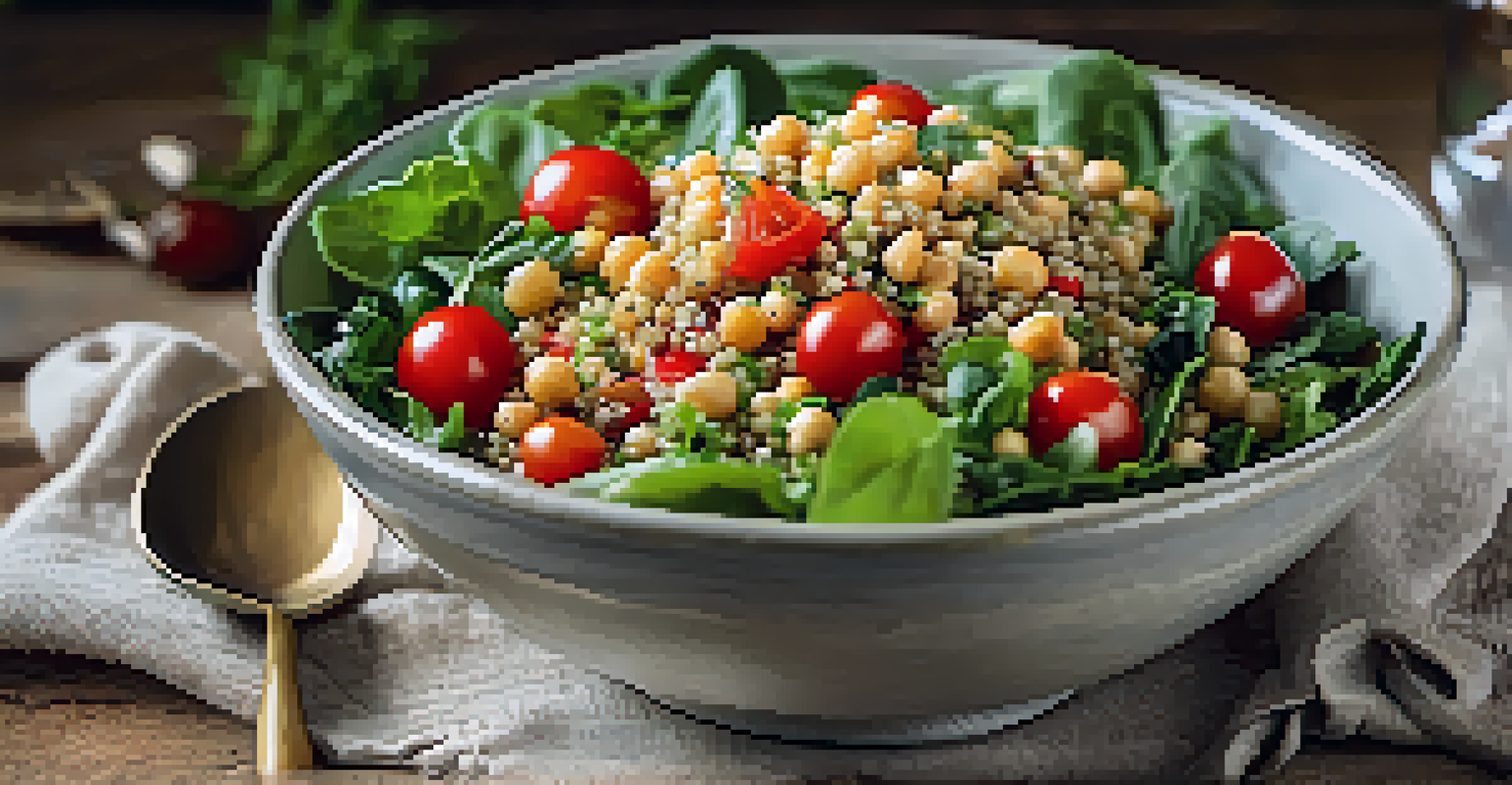 A vibrant salad bowl filled with quinoa, greens, cherry tomatoes, and chickpeas on a wooden table.