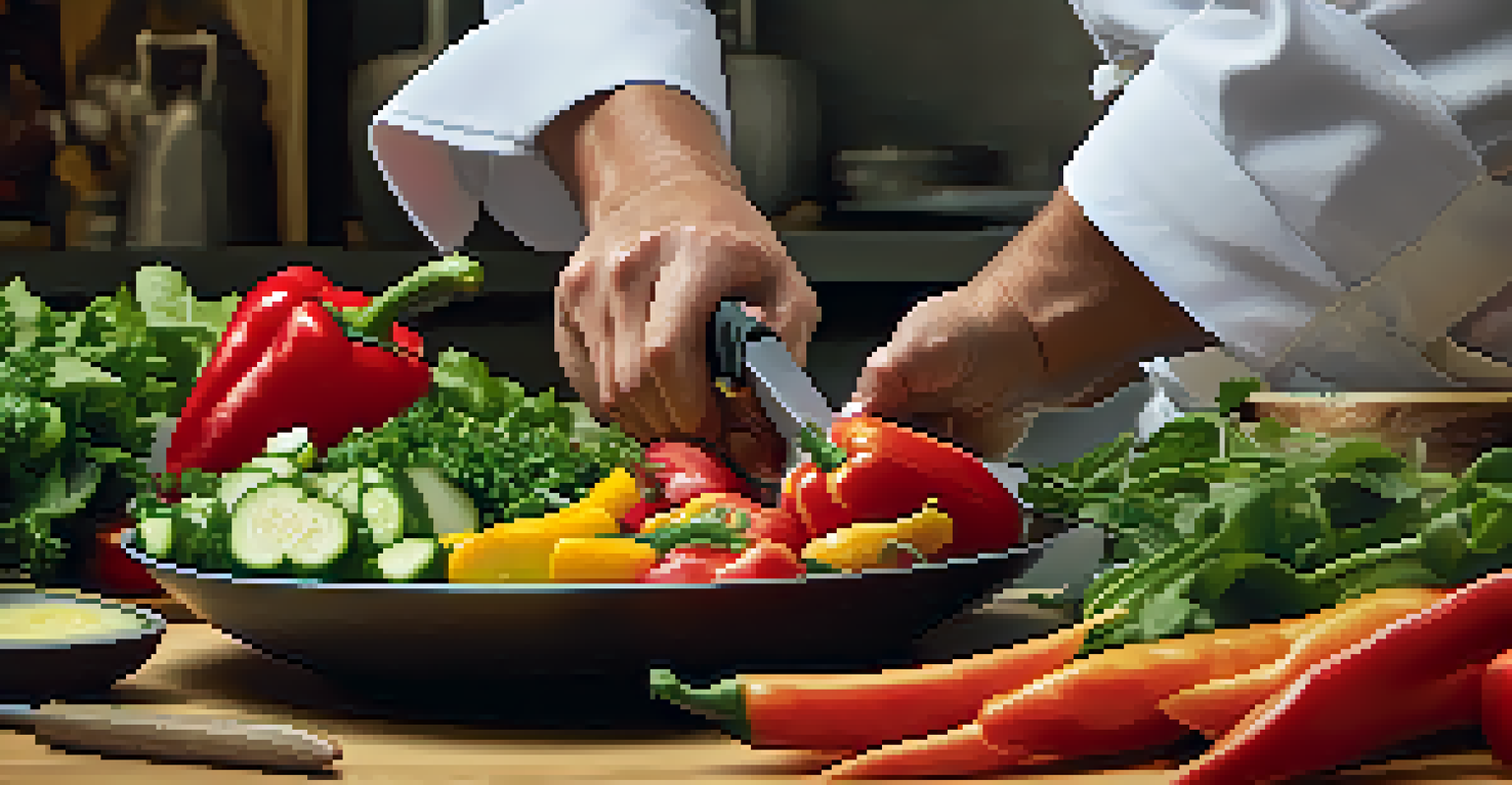 A chef chopping colorful vegetables for a salad in a modern kitchen.
