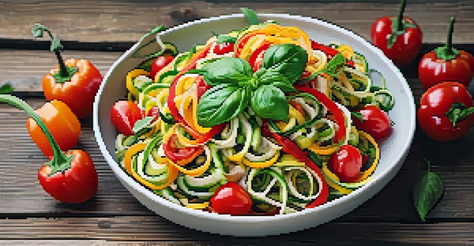 A raw food dish with zucchini noodles and colorful vegetables on a wooden table, illuminated by natural light.