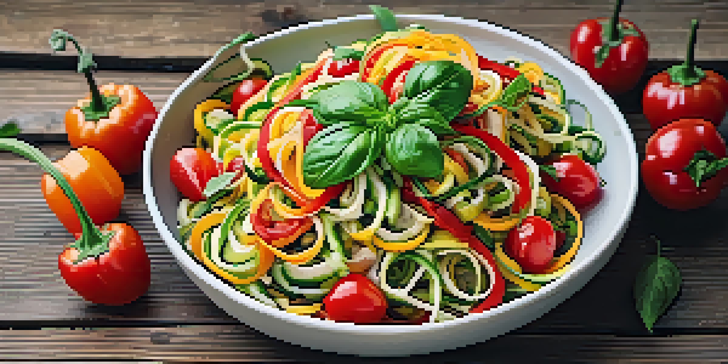 A raw food dish with zucchini noodles and colorful vegetables on a wooden table, illuminated by natural light.