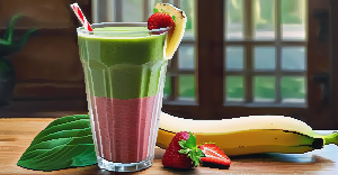 A colorful raw food smoothie made with bananas, strawberries, and spinach, garnished with fresh berries on a wooden table, illuminated by soft morning light.