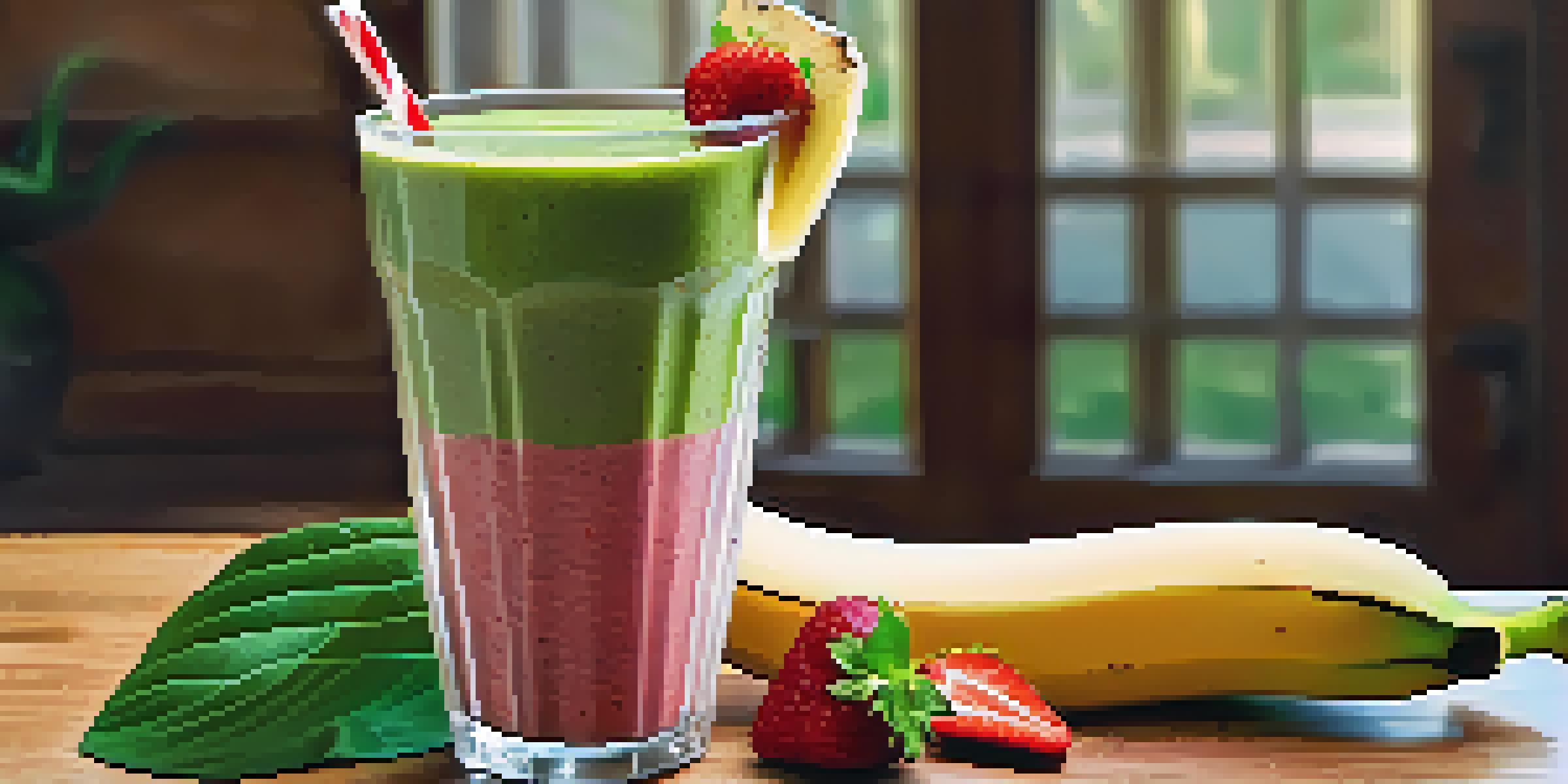 A colorful raw food smoothie made with bananas, strawberries, and spinach, garnished with fresh berries on a wooden table, illuminated by soft morning light.