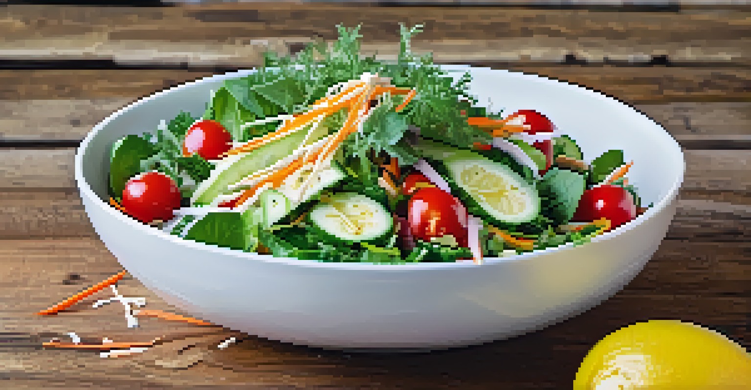 A bowl of colorful raw vegetable salad with cucumbers, tomatoes, and carrots drizzled with dressing on a wooden table.