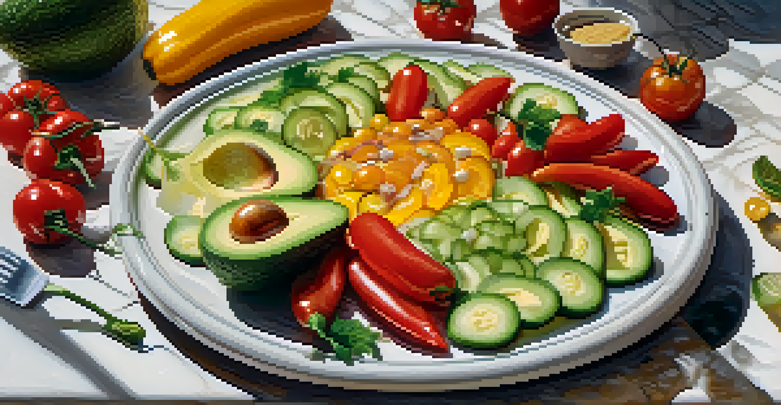 A raw food platter with cucumber, avocado, cherry tomatoes, and bell peppers, all beautifully arranged and lit warmly.