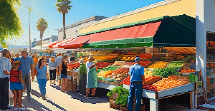 A bustling outdoor market filled with colorful organic fruits and vegetables, with shoppers and local farmers interacting under bright sunlight.