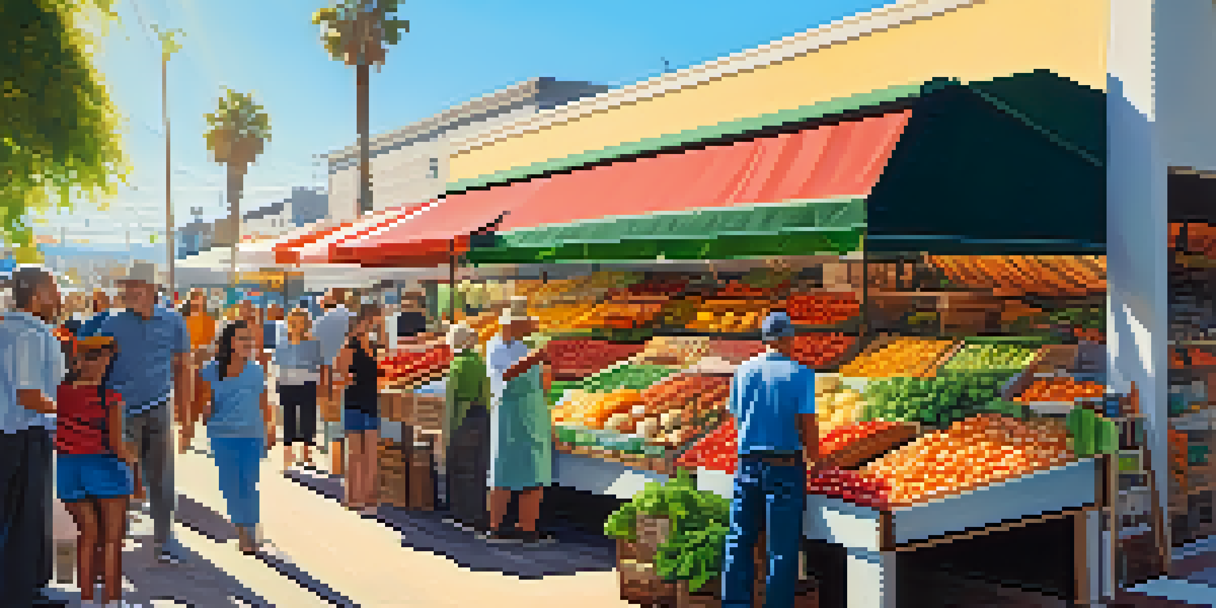 A bustling outdoor market filled with colorful organic fruits and vegetables, with shoppers and local farmers interacting under bright sunlight.