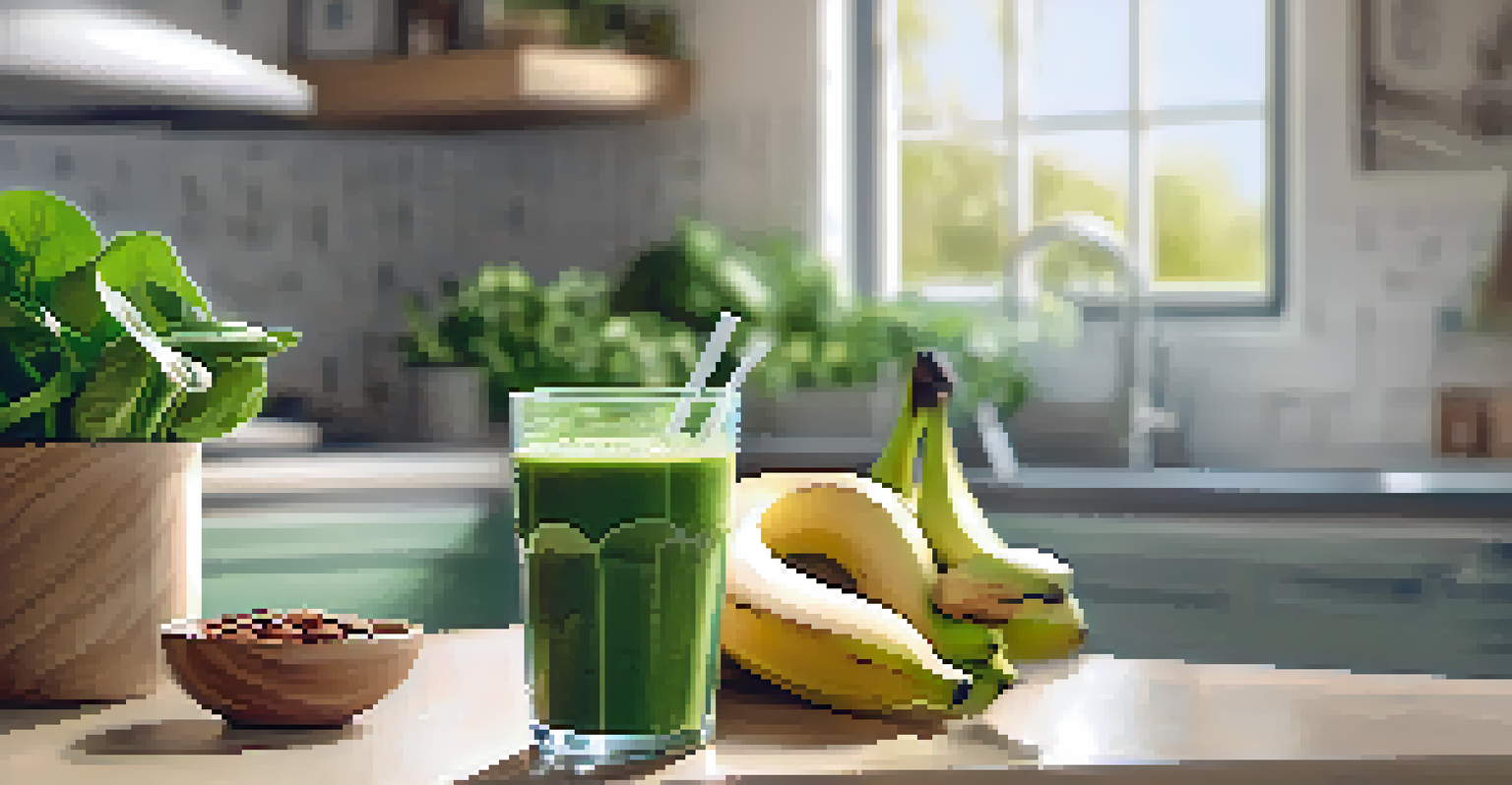 A person enjoying a green smoothie in a sunny kitchen surrounded by houseplants.