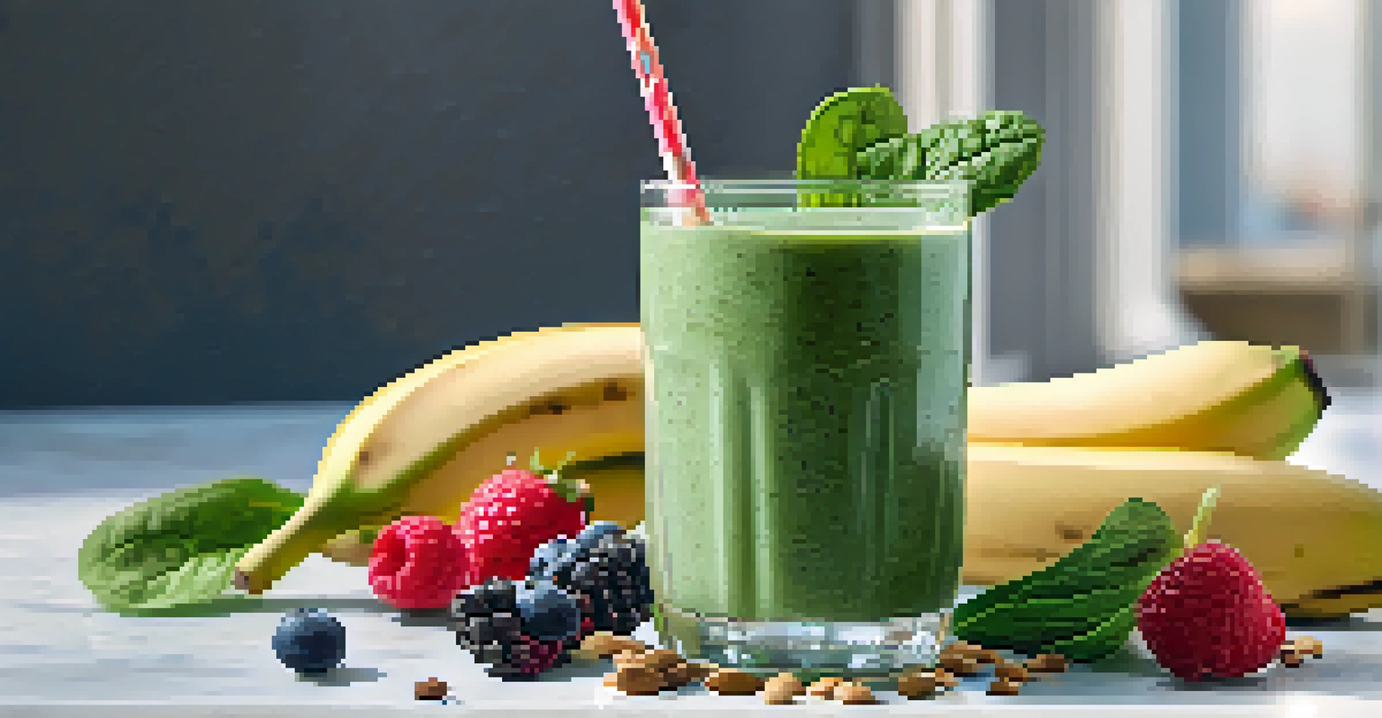 A close-up of a green smoothie in a glass, topped with chia seeds and surrounded by fruits and leafy greens.