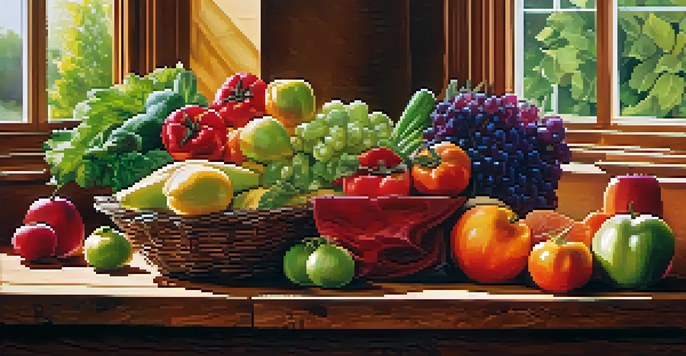 A variety of fresh, colorful raw fruits and vegetables displayed on a wooden table with sunlight illuminating them.
