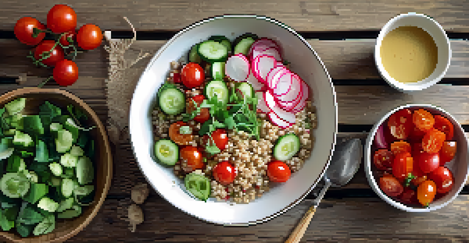 A healthy grain bowl filled with marinated vegetables, quinoa, and dressing, set on a rustic wooden table.