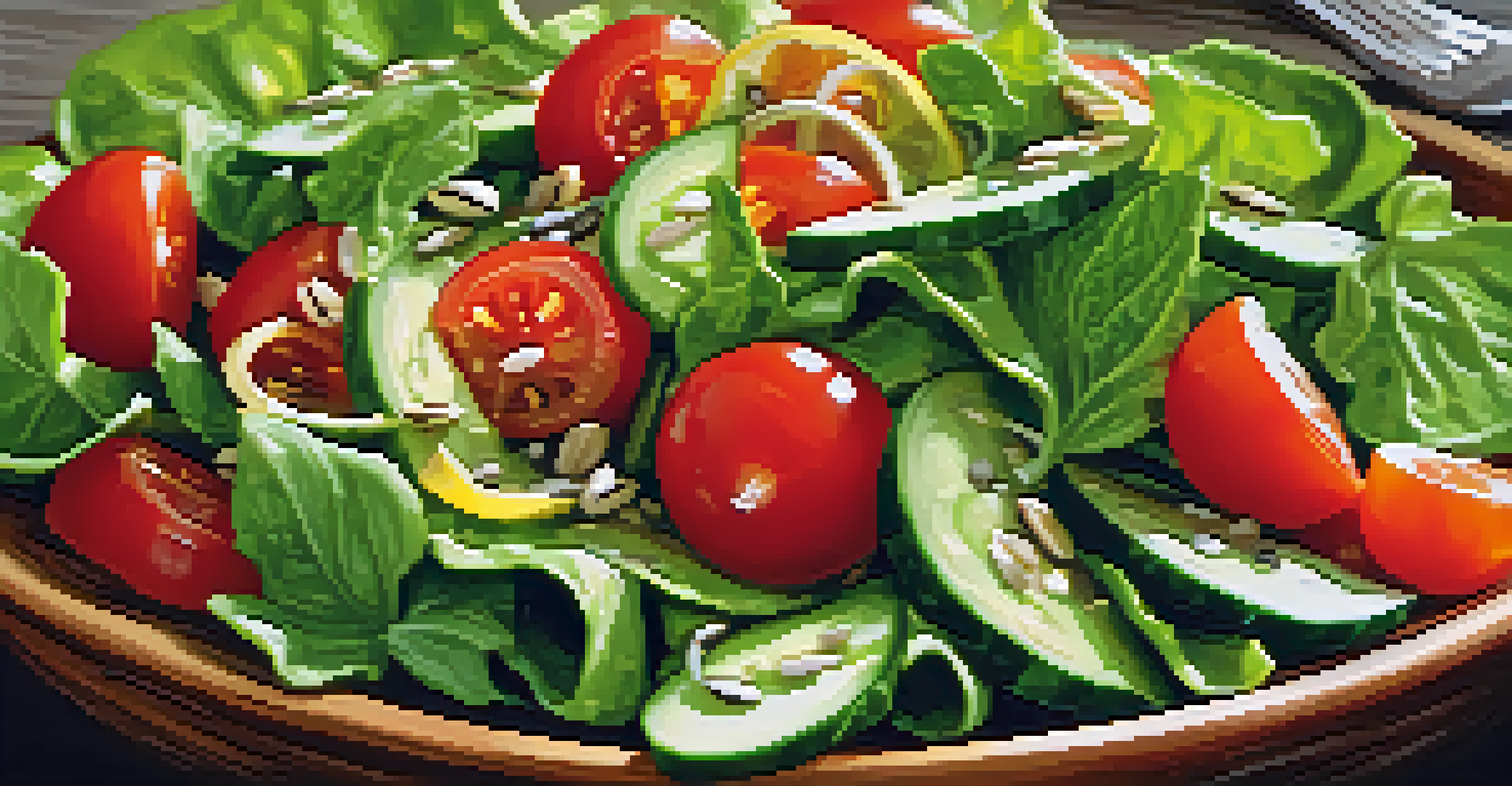 A close-up view of a fresh green salad with mixed greens, cucumbers, and cherry tomatoes in a rustic bowl.