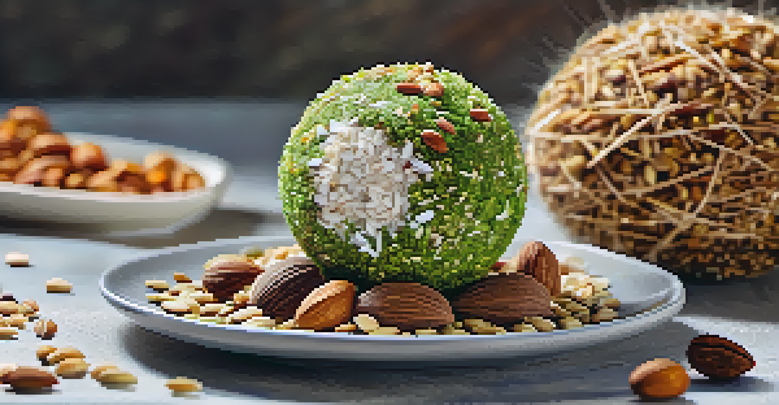 A close-up of a raw energy ball on a plate, surrounded by nuts and seeds, showcasing its texture and color.