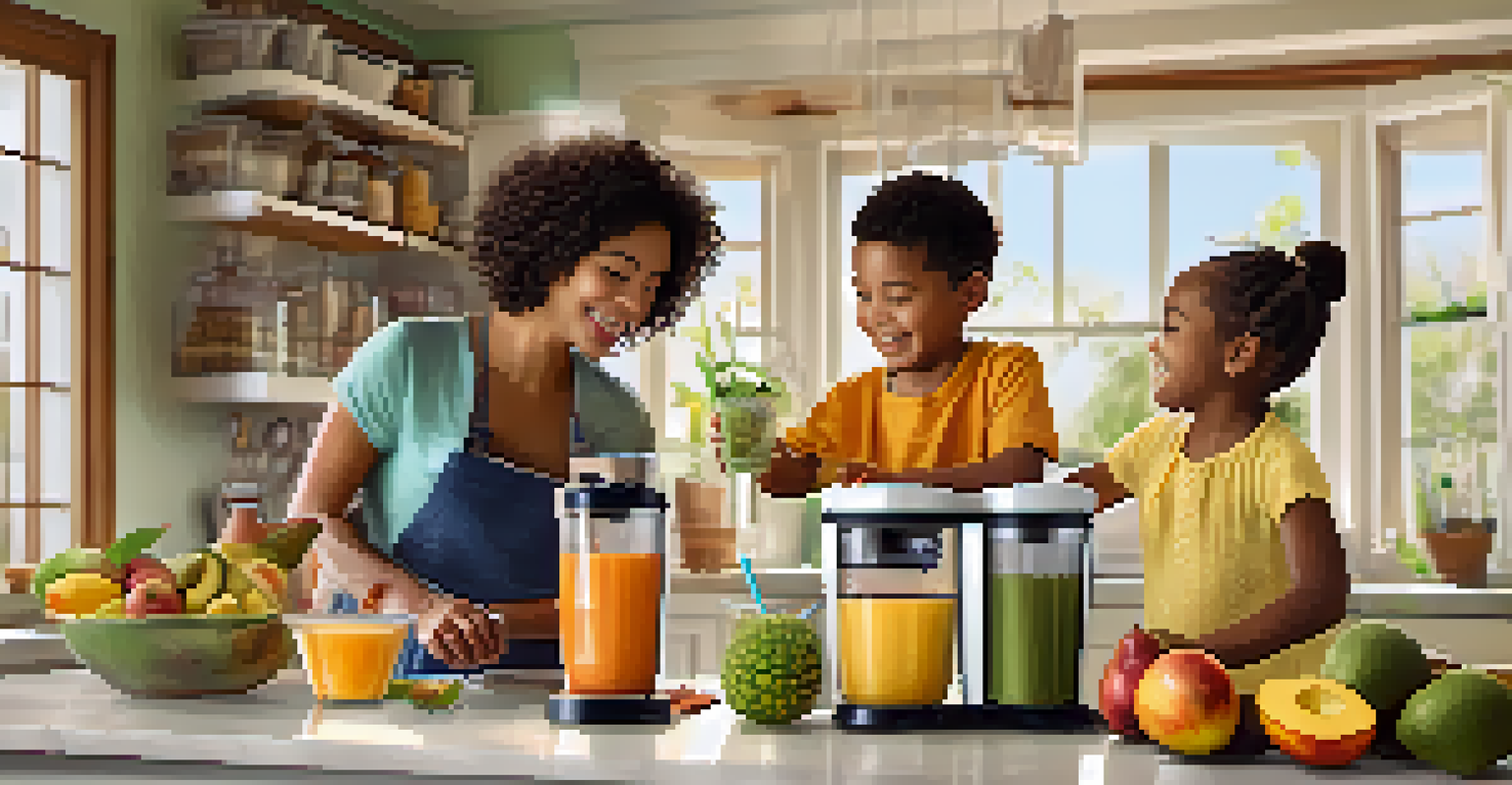 A family joyfully making smoothies in a bright kitchen, surrounded by fruits and a blender, with natural light creating a cheerful atmosphere.