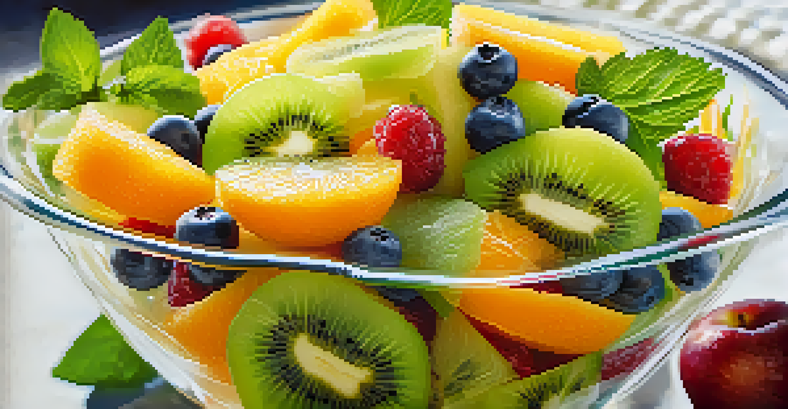 A close-up view of a refreshing raw fruit salad in a clear glass bowl, displaying diced apples, oranges, and kiwi, garnished with fresh mint leaves.