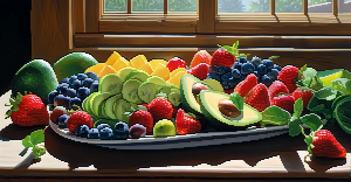 A beautifully arranged raw food platter with colorful fruits and vegetables on a wooden table, illuminated by sunlight.