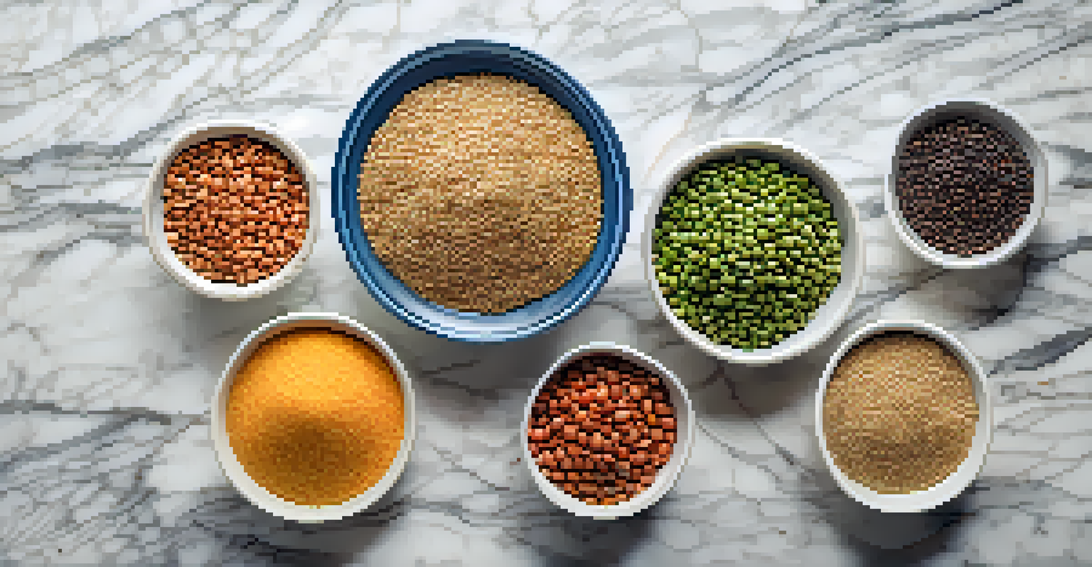 A stylish arrangement of sprouted grains and legumes in bowls on a marble countertop, with colorful vegetables around them.