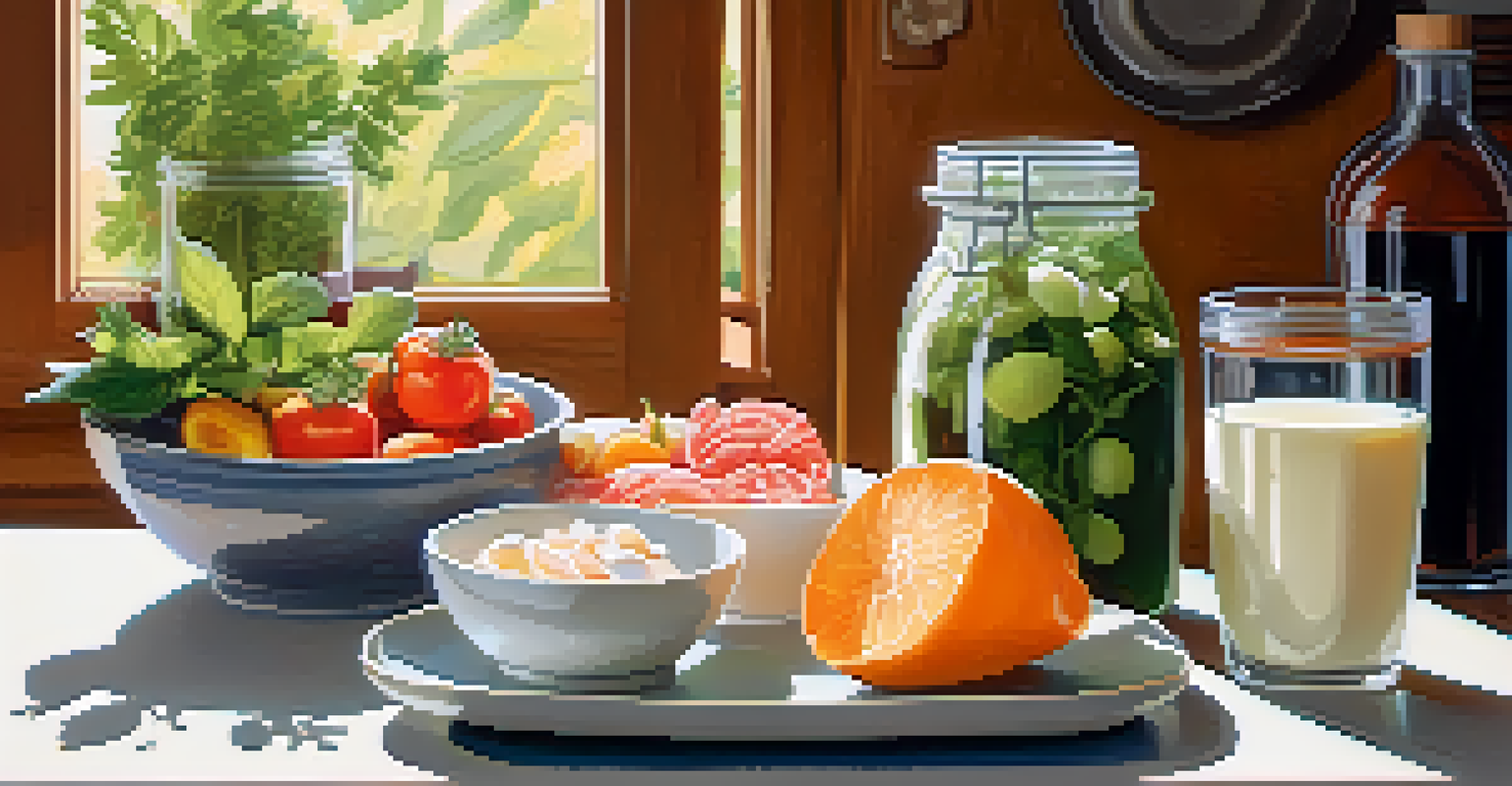 An artistic display of probiotic-rich foods including kombucha, yogurt with fruits, and kimchi on a sunlit kitchen table.