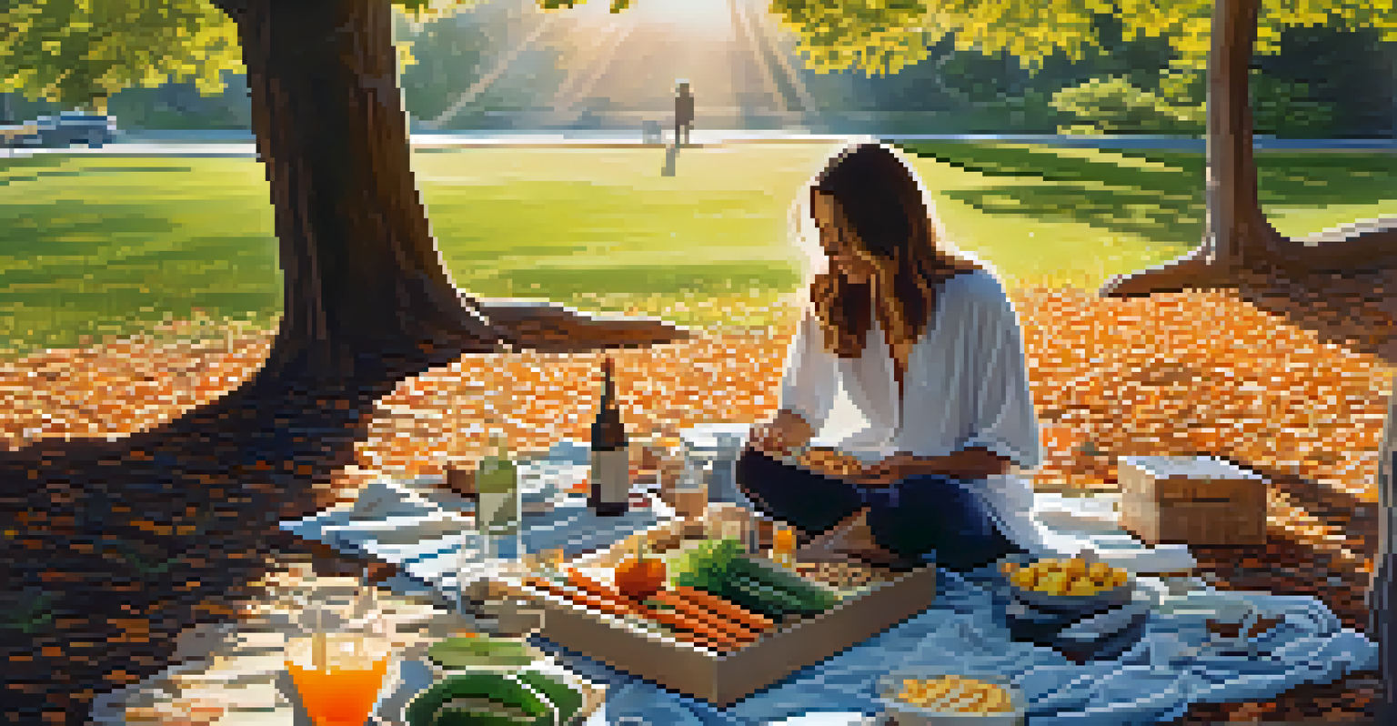 A person having a raw food picnic in a sunlit park, with a spread of fresh vegetables and snacks on a blanket.