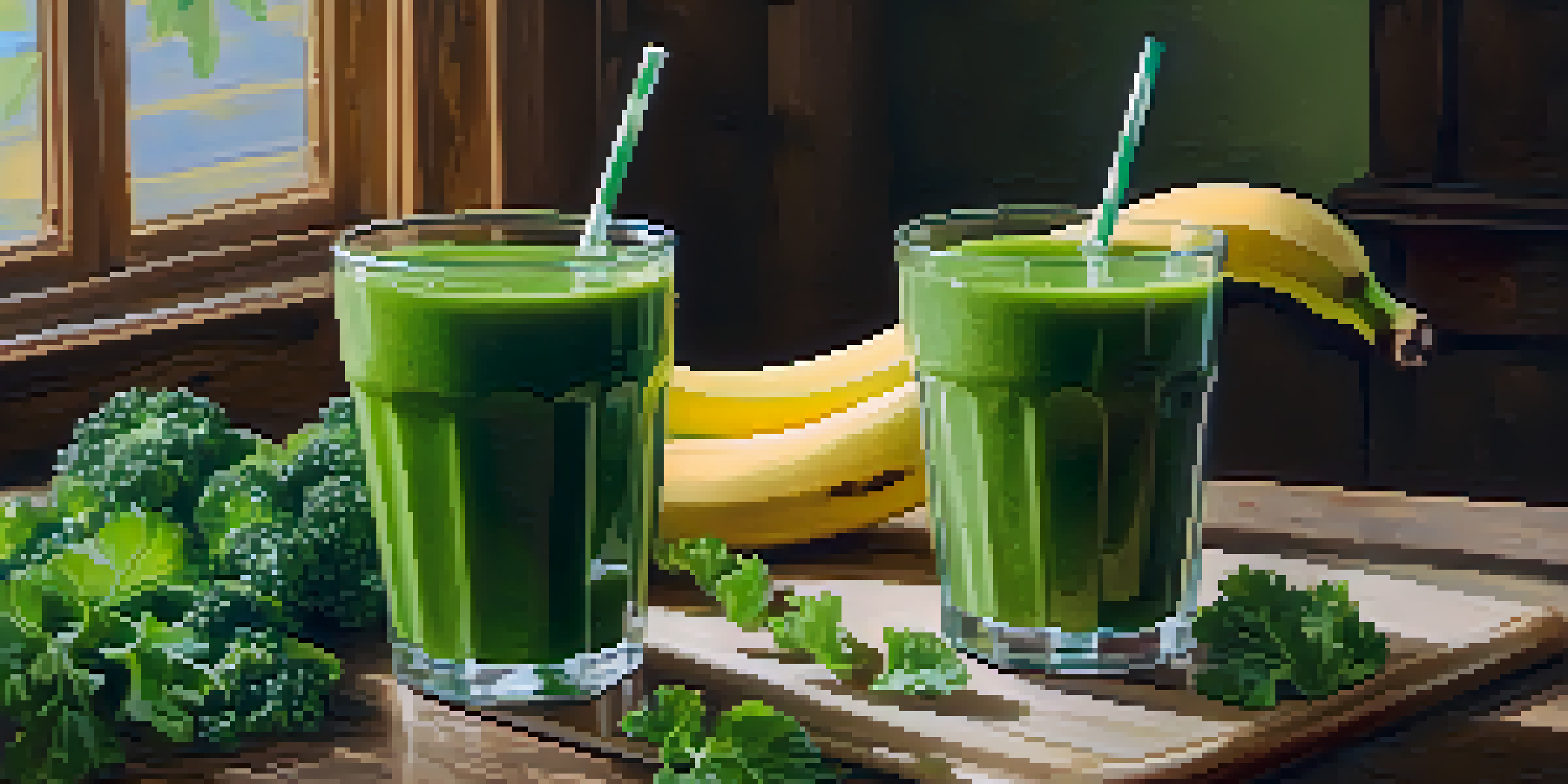 A clear glass of green smoothie with a banana slice and kale leaves, placed on a wooden table in a sunlit kitchen with fresh produce in the background.
