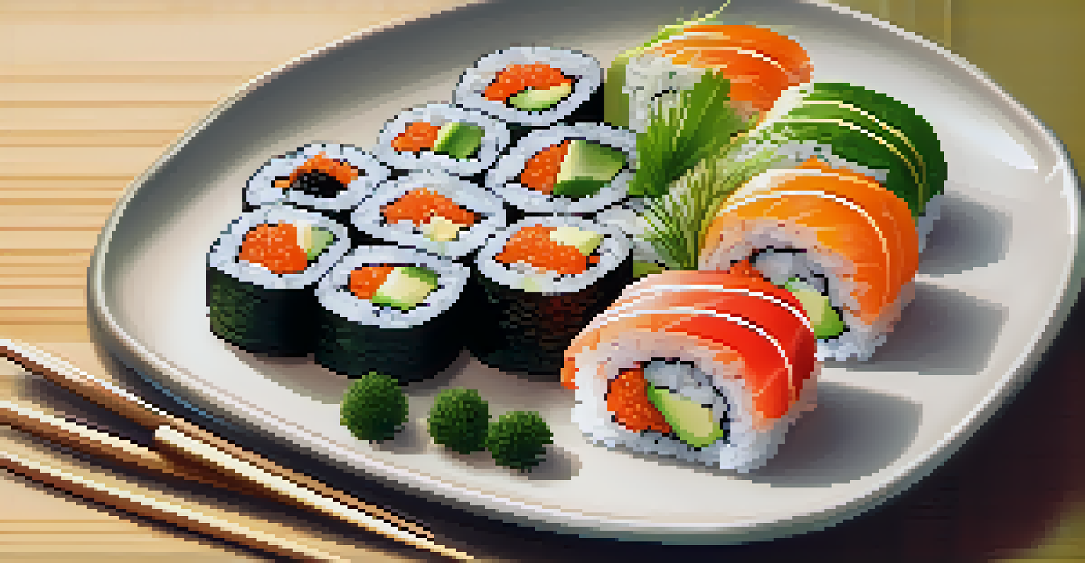 A plate of colorful raw vegan sushi rolls made with vegetables and avocado, garnished with sesame seeds.