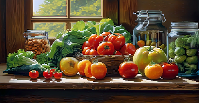 A wooden table filled with fresh organic fruits and vegetables, including tomatoes and leafy greens, with glass jars of nuts and seeds, illuminated by natural light.