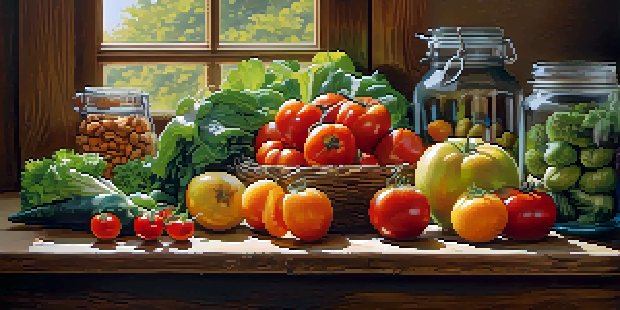 A wooden table filled with fresh organic fruits and vegetables, including tomatoes and leafy greens, with glass jars of nuts and seeds, illuminated by natural light.
