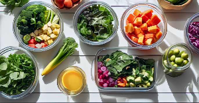 An overhead view of raw food meal prep with chopped vegetables and fruits in glass containers in a sunny kitchen.