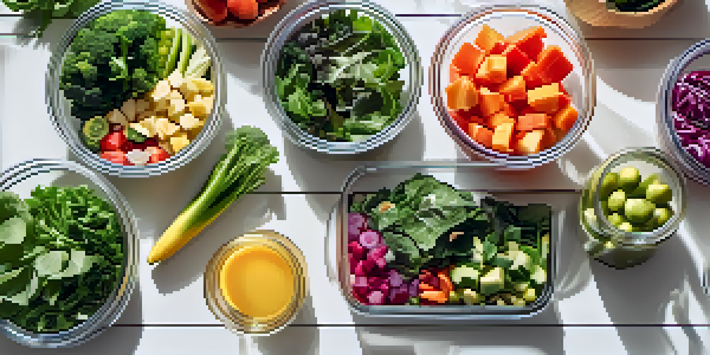An overhead view of raw food meal prep with chopped vegetables and fruits in glass containers in a sunny kitchen.