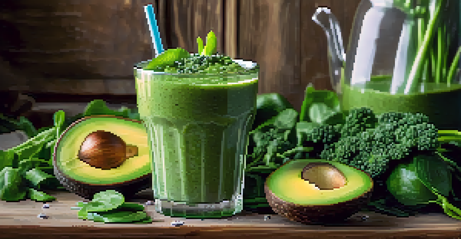 A green smoothie in a glass with fresh greens and avocado on a wooden table.