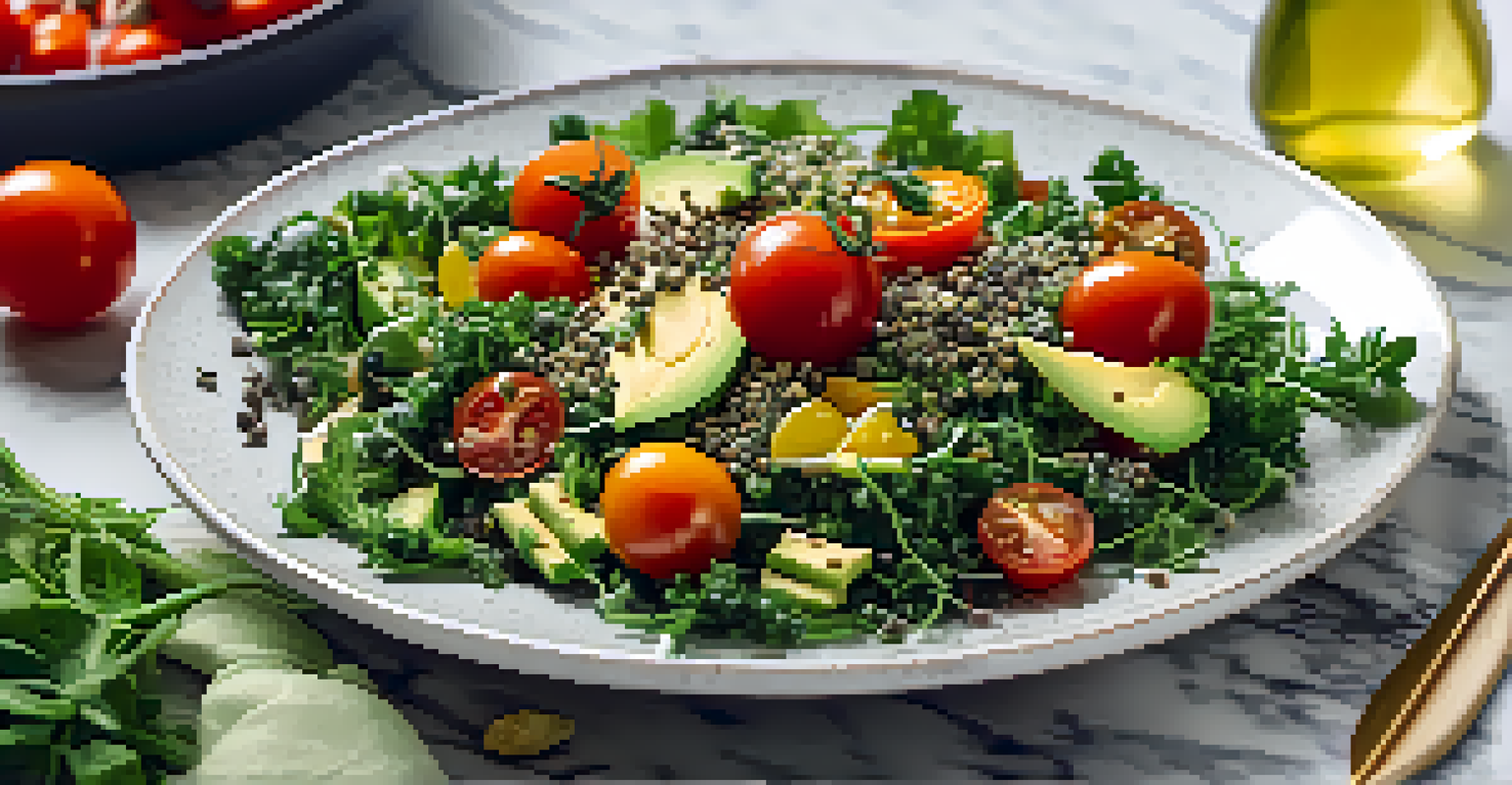 A healthy raw salad with kale, cherry tomatoes, avocado, and hemp seeds, drizzled with vinaigrette on a marble countertop with herbs nearby.